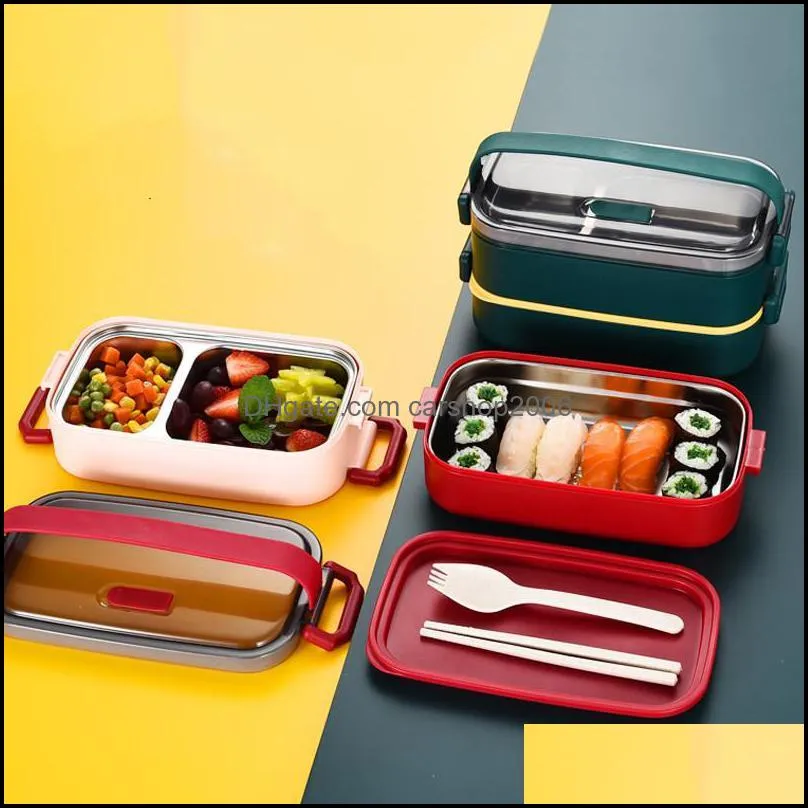 dinnerware sets 1400ml double layer stainless steel 304 lunch box leak-proof bento set microwave adult student containerdinnerware