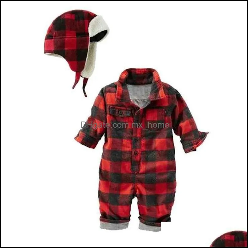autumn baby boys red plaid long sleeve cotton rompers hat fashion gentleman jumpers infant overalls newborns clothes mxhome