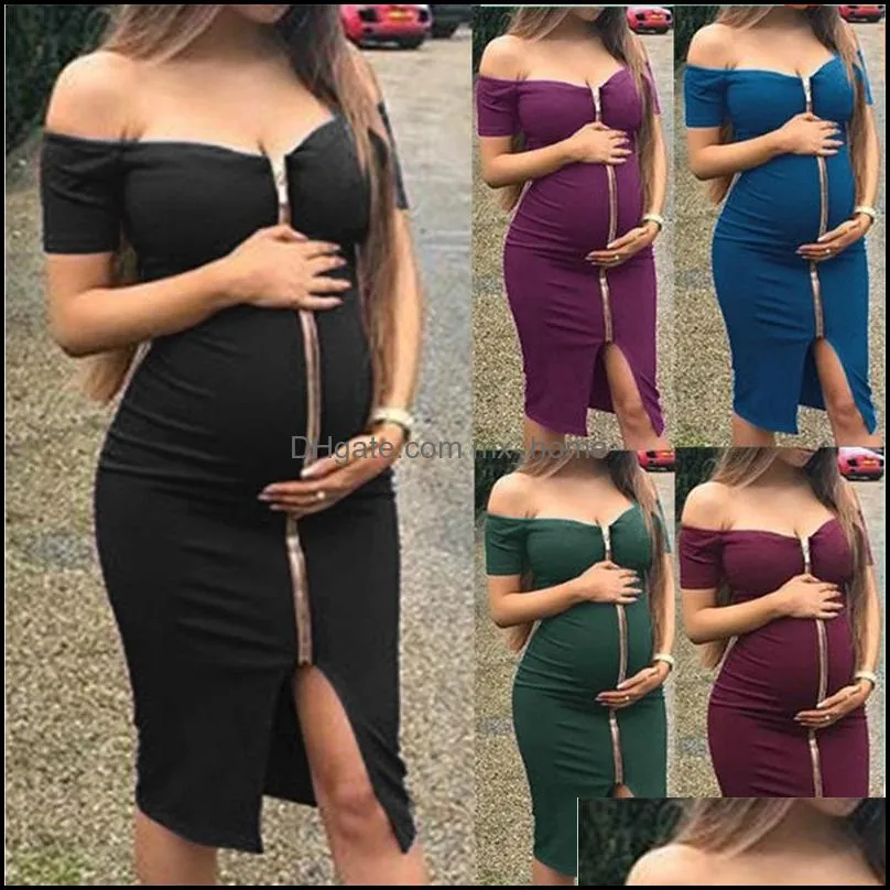 summer maternity dresses shoulderless slash neck pregnancy clothes solid color zipper bodycon pregnant women sundresses mxhome