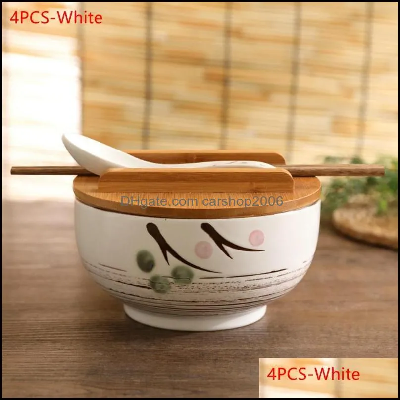 japanese style rice noodle bowl with lid spoon and chopstick kitchen tableware ceramic salad soup container dinnerware sets