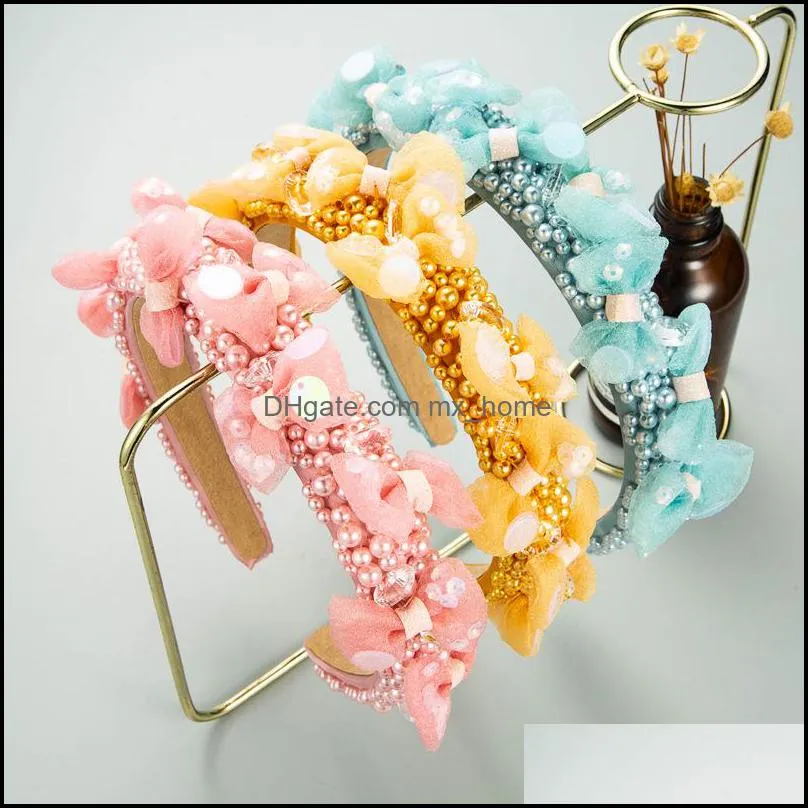 summer sequin bowknot headband for woman lovely color imitation pearl beaded sponge hairband girls party tiara bezel mxhome