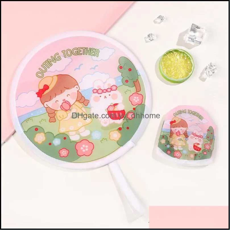 household sundries high quality polyester cartoon mini round disc portable fan folding pocket wallet flyer handheld