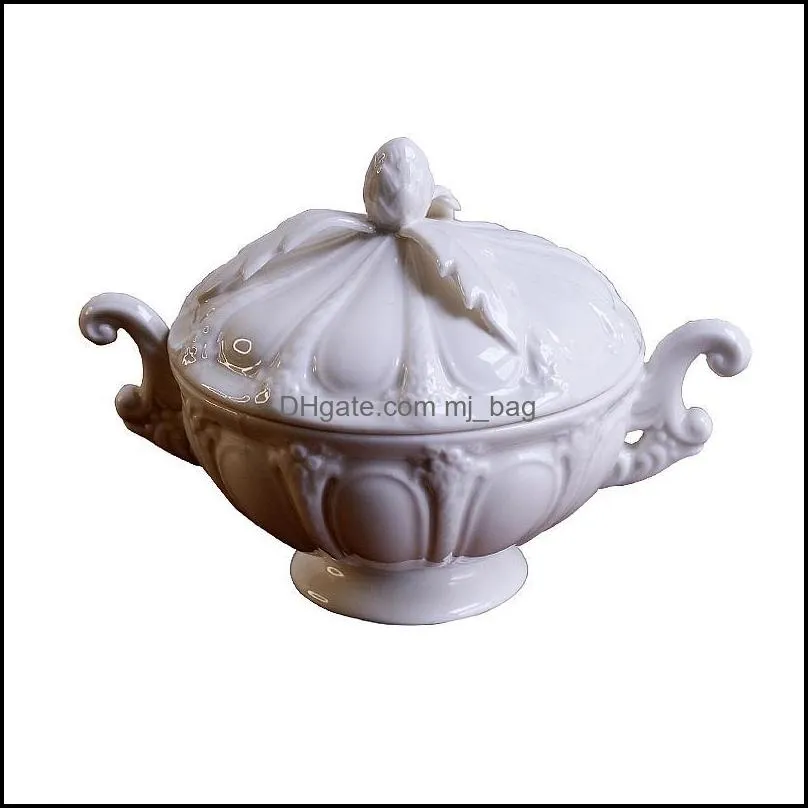 bowls european retro style relief handle double ear milk can sugar jar with cover bowl bird`s nest cup dessert bow