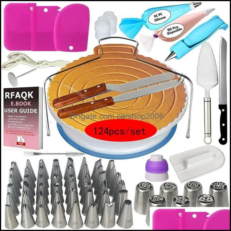 124pcs cake decorating tool icing piping tips plastic plate turntable rotating stand russian pastry nozzles decor baking & tools