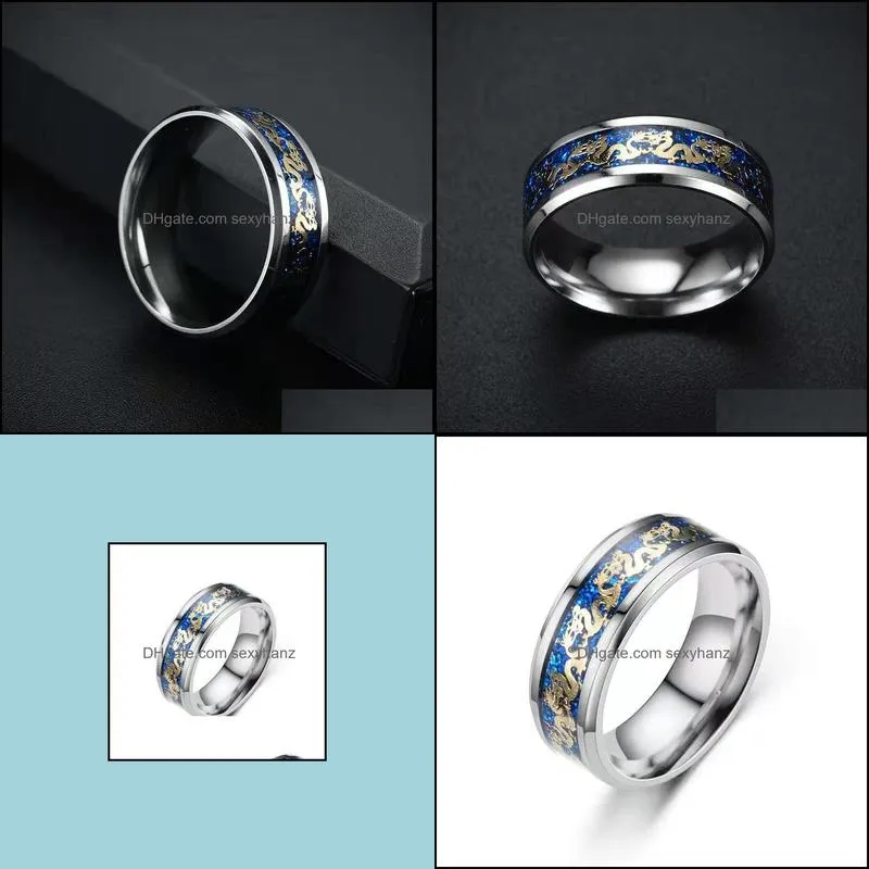 titanium steel dragon rings blue man`s jewelry gifts wedding band ring size 6-12