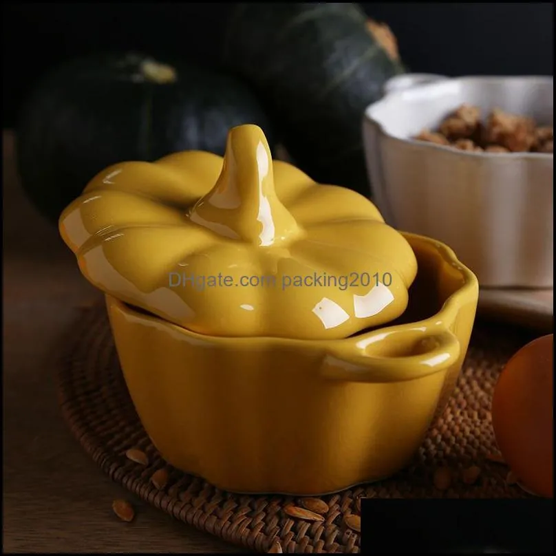 bowls 1/2pcs with lid ceramic pumpkin bowl handle salad fruit soup home kitchen microwave oven exquisite decorative tableware