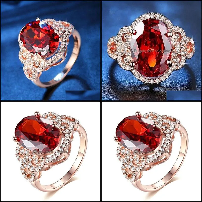 european and american fashion hollow love pattern ruby ring rose gold color flower tengagement red diamond ring ringgold color ruby