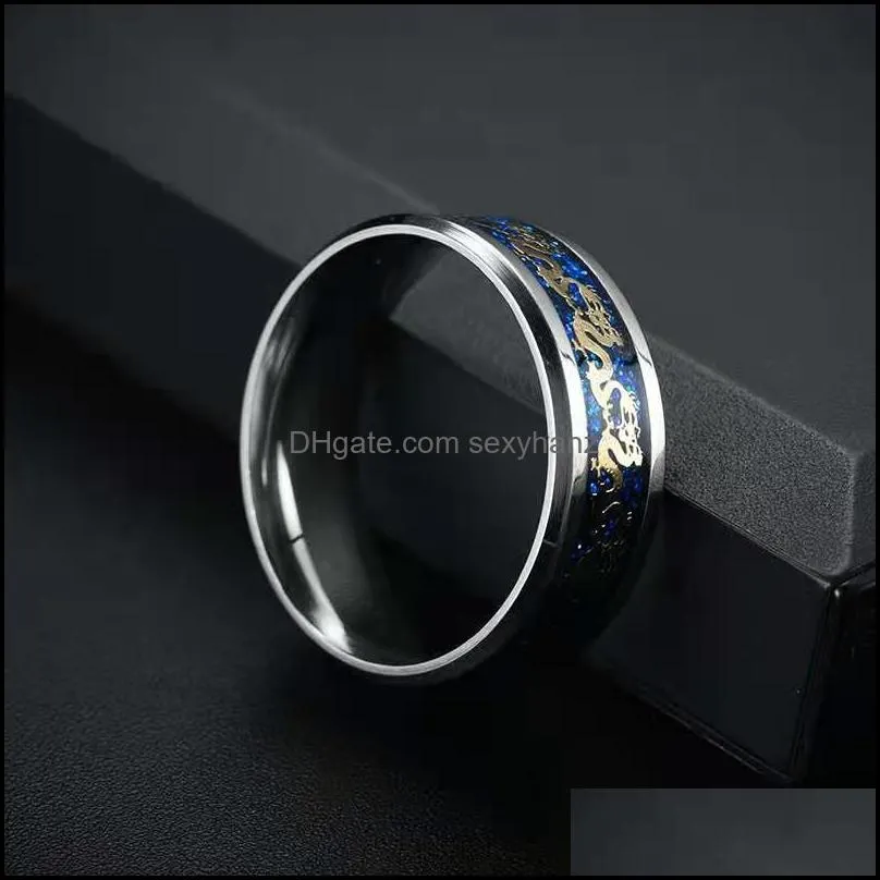 titanium steel dragon rings blue man`s jewelry gifts wedding band ring size 6-12