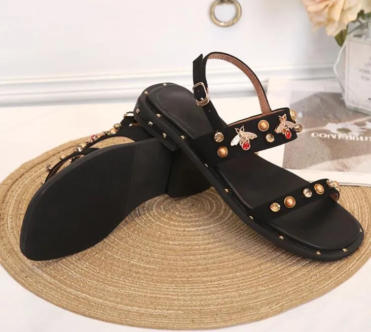 Top Grade women summer flat heel sandals Rhinestone Rive open toe luxury Wedding Black Nubuck leather Sandal Party prom shoes