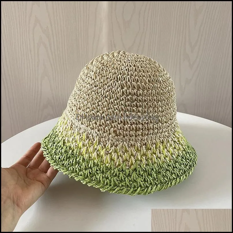 handmade straw bucket hat for girl women gradient color summer cap 2111107