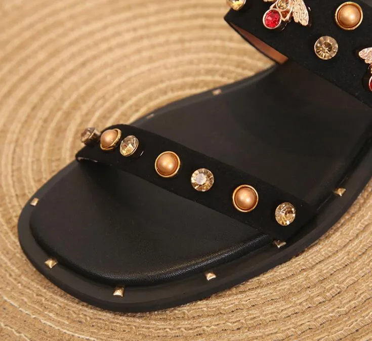 Top Grade women summer flat heel sandals Rhinestone Rive open toe luxury Wedding Black Nubuck leather Sandal Party prom shoes