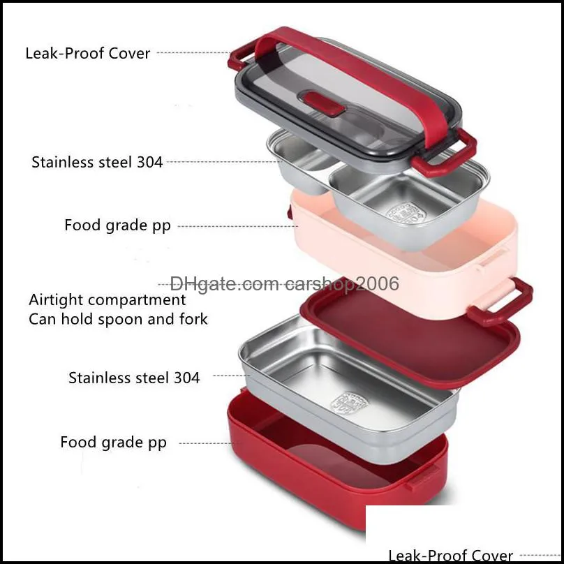 dinnerware sets 1400ml double layer stainless steel 304 lunch box leak-proof bento set microwave adult student containerdinnerware