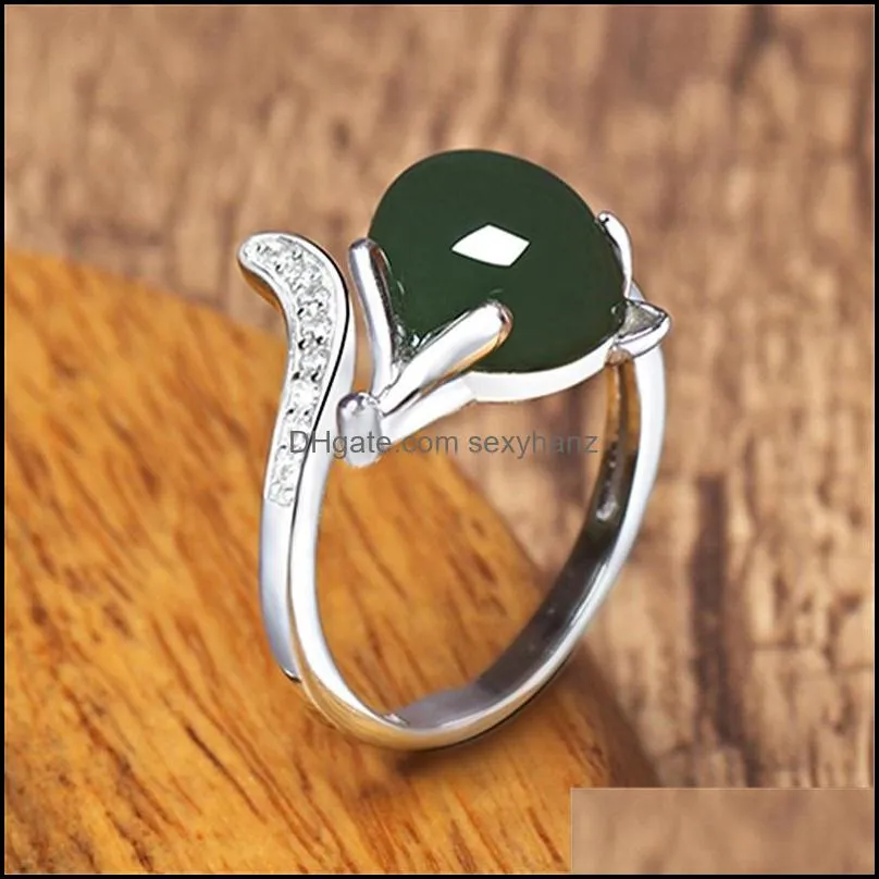 fashion retro natural hetian jade jasper fox ring female silver plated open ring emerald fire fox ring jewelry party birthday gift