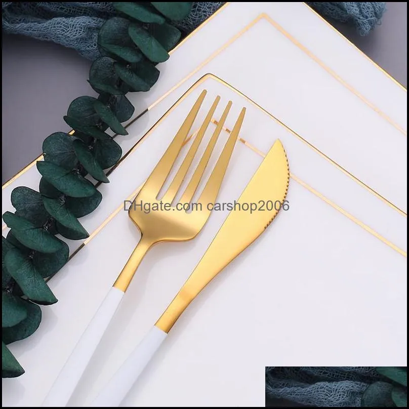 stainless steel cutlery set gold tableware dinner sets spoon fork knife dish kitchen dinnerware white