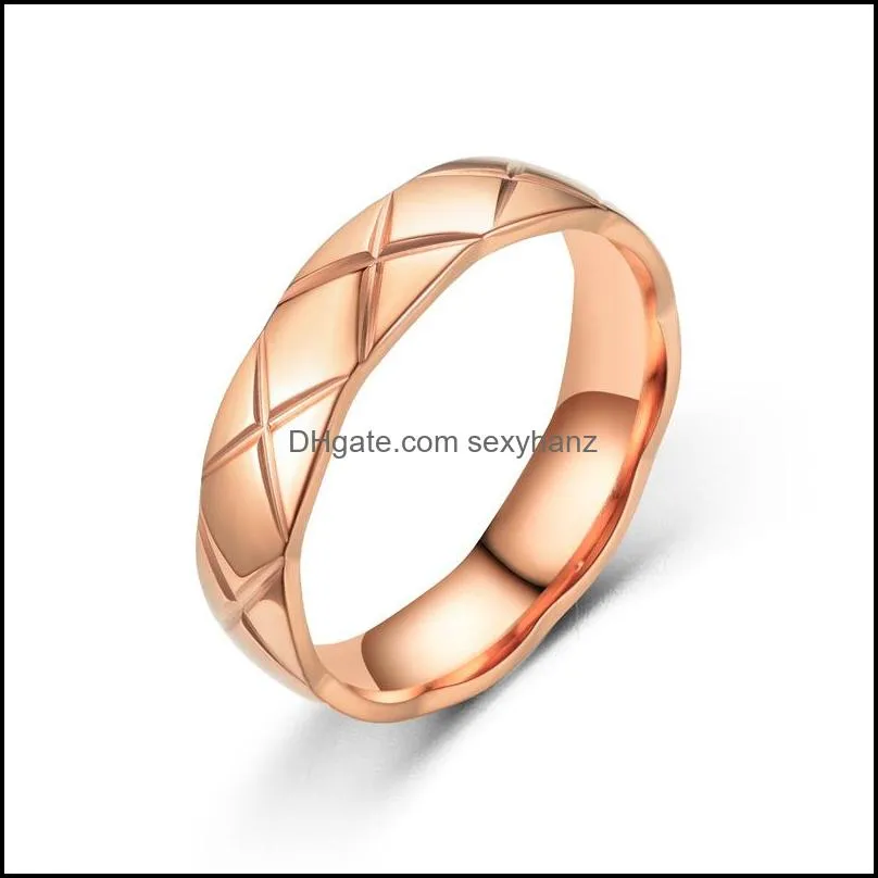 stainless steel rhombus grid ring pattern x coco wavy ring geometric couple jewelry men woman rose gold silver color size 5-10