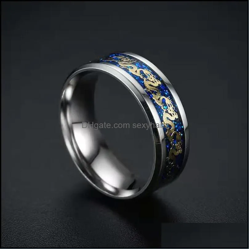 titanium steel dragon rings blue man`s jewelry gifts wedding band ring size 6-12