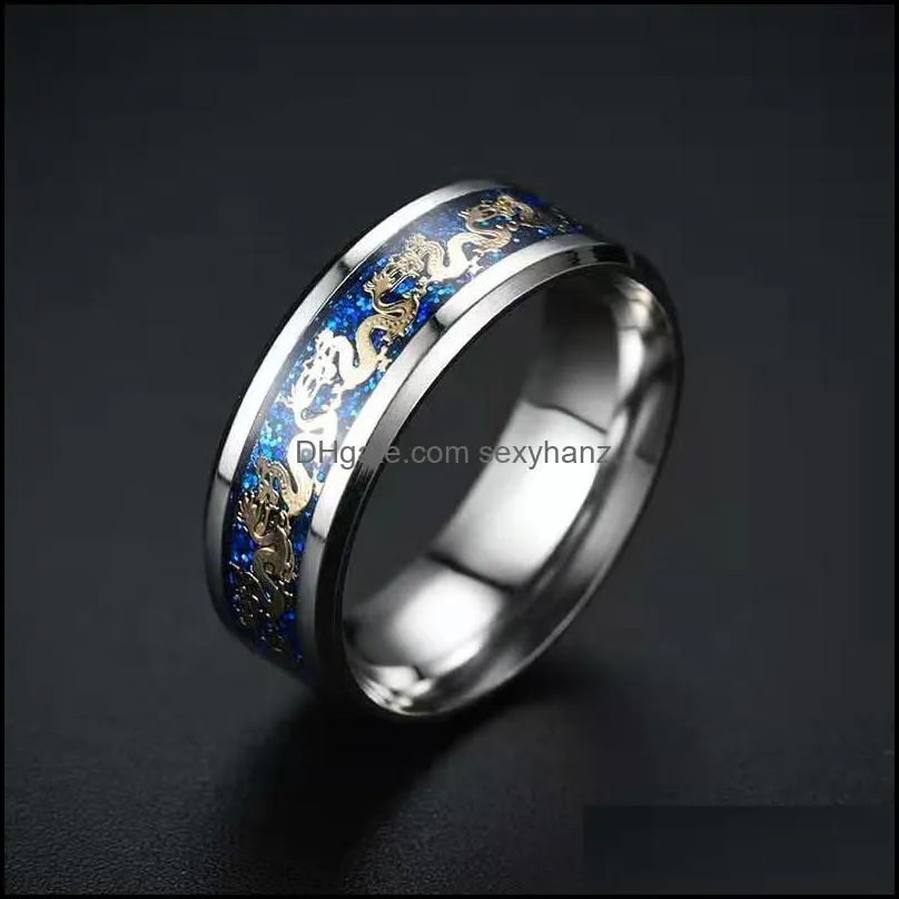 titanium steel dragon rings blue man`s jewelry gifts wedding band ring size 6-12