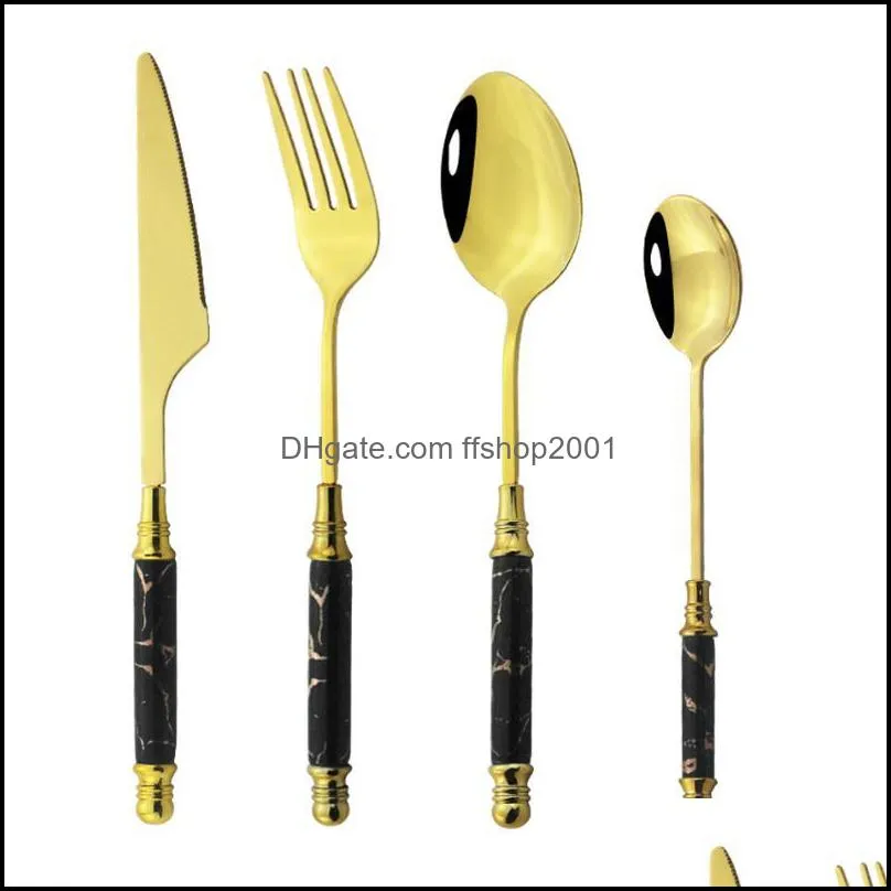 flatware sets 4/8/16pcs ceramic black gold dinnerware set stainless steel cutlery fork spoon knife dinner kitchen silverware