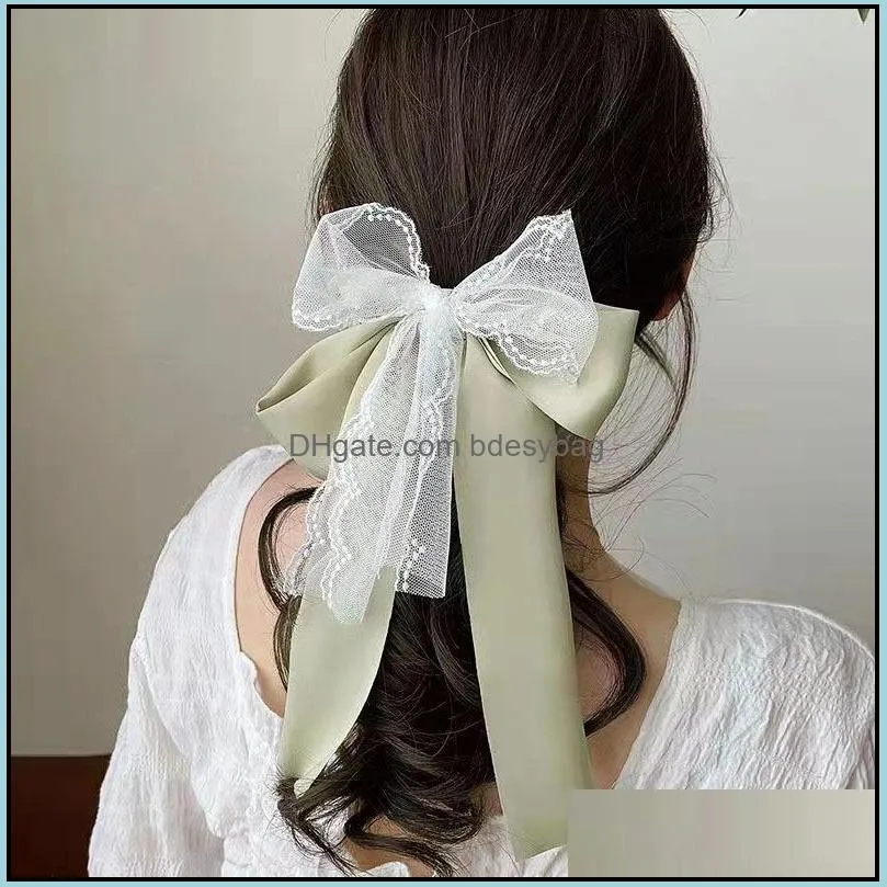 elegant green hair scarf with ribbon bow for woman girls scrunchies hair bows chiffon floral scrunchie long bands ties ponytail holder