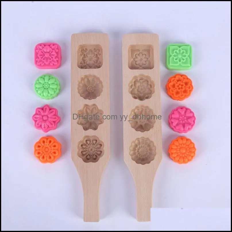 baking & pastry tools 4 hole wooden moon cake mold tool for making mung bean ice skin m68e