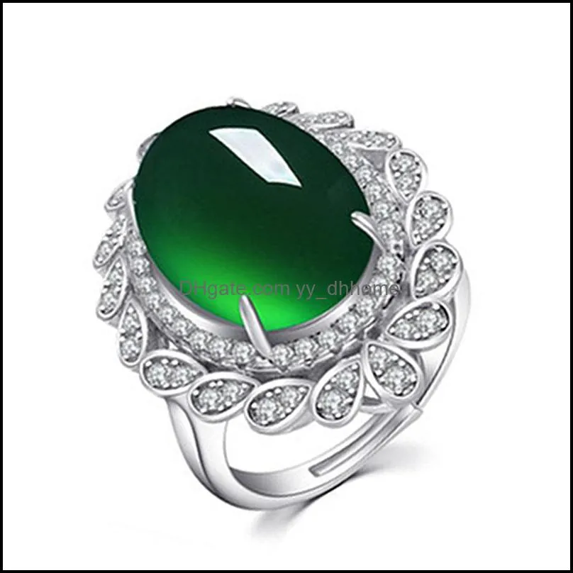 exquisite and fashionable platinum-plated luxury palace fancy green jade ring full diamond open flower chalcedony crystal jasper ring