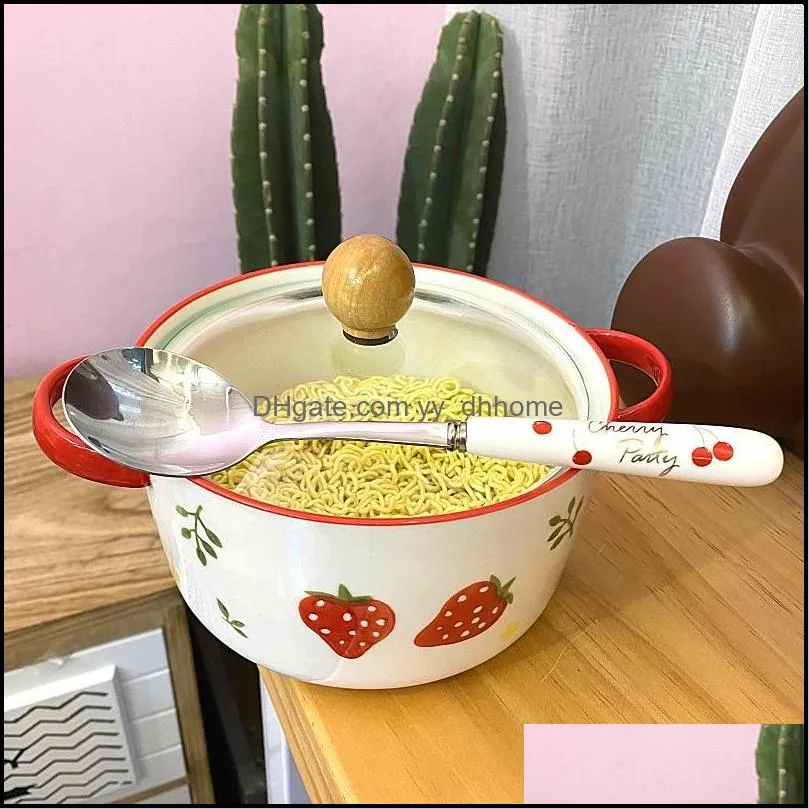 bowls han feng girl heart ceramic strawberry pattern double ear instant noodle bowl with cover