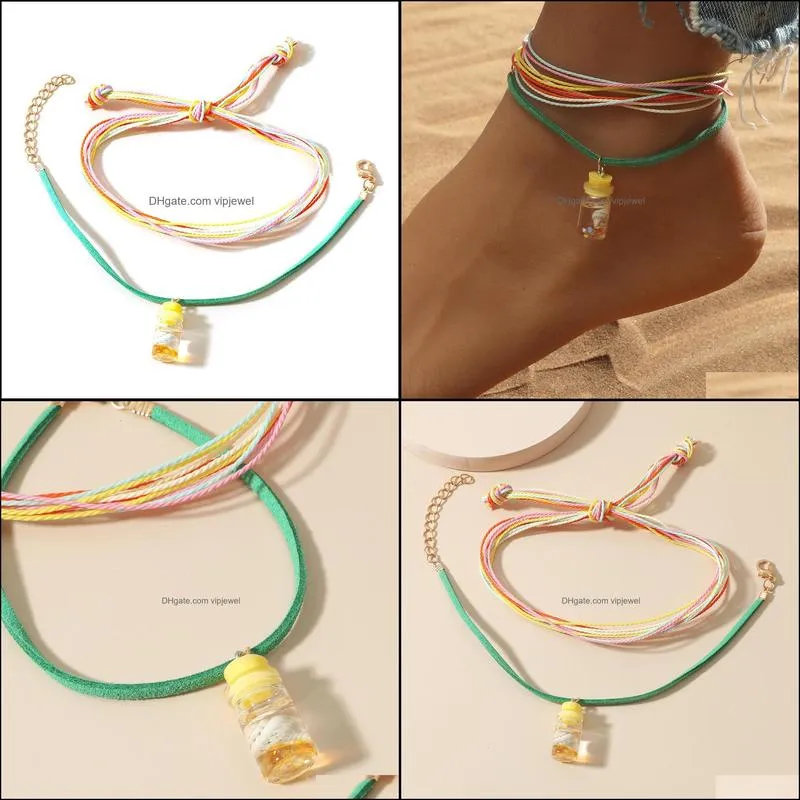 bohemian multi-layered colorful woven shell bottle bracelet two-piece women`s summer ocean beach anklet ankle jewelry