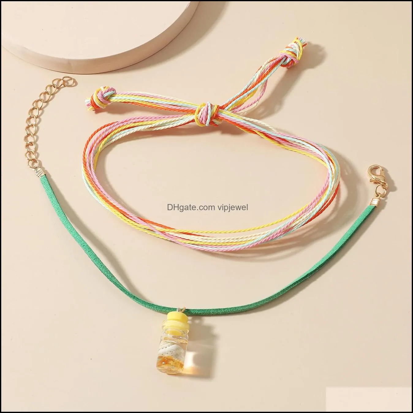 bohemian multi-layered colorful woven shell bottle bracelet two-piece women`s summer ocean beach anklet ankle jewelry