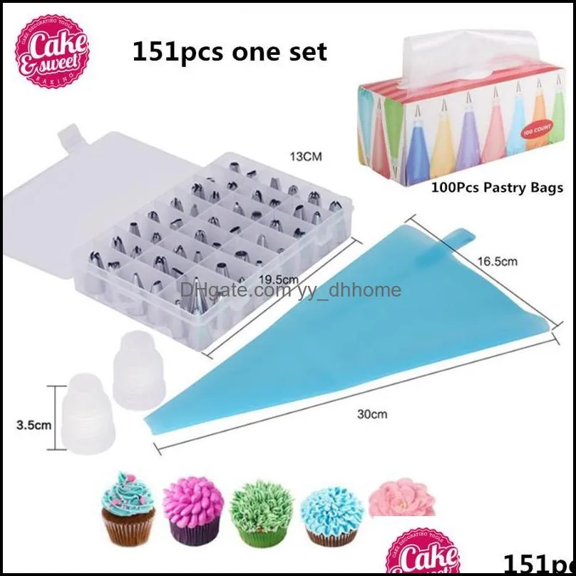 baking & pastry tools 151pcs/set 48 stainless steel nozzle +1 silicone icing piping cream bag+2 coupler diy cake decorating