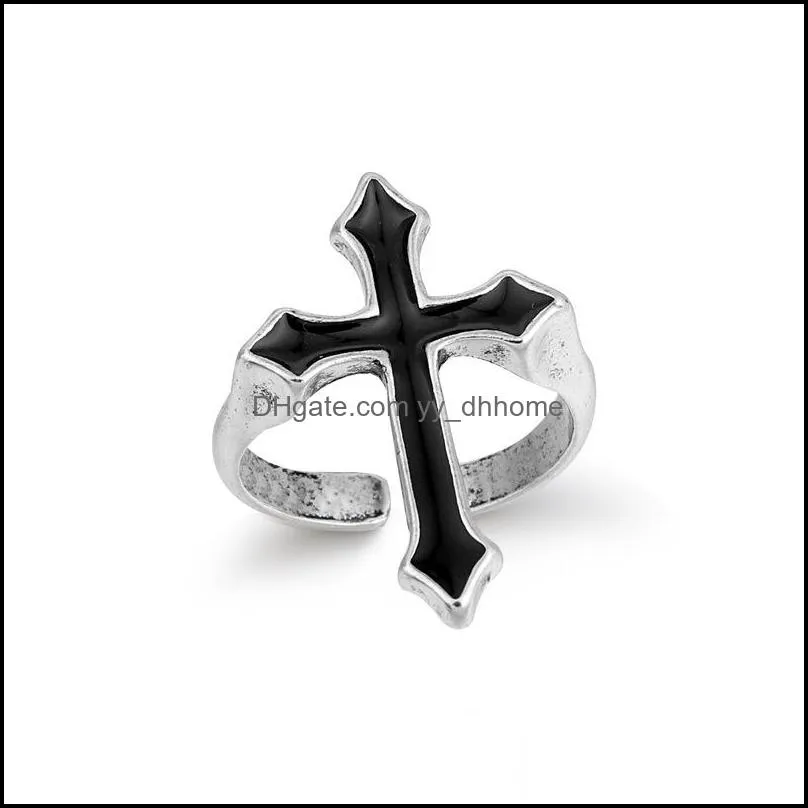 vintage black big cross open ring for women party jewelry men trendy gothic metal finger ring