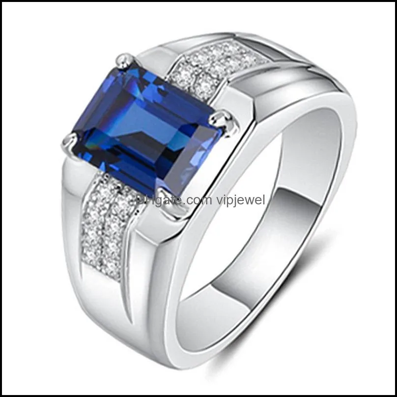 blue zircon silver ring fashion trendy men`s business domineering baguette diamond men ring blue corundum diamond ring