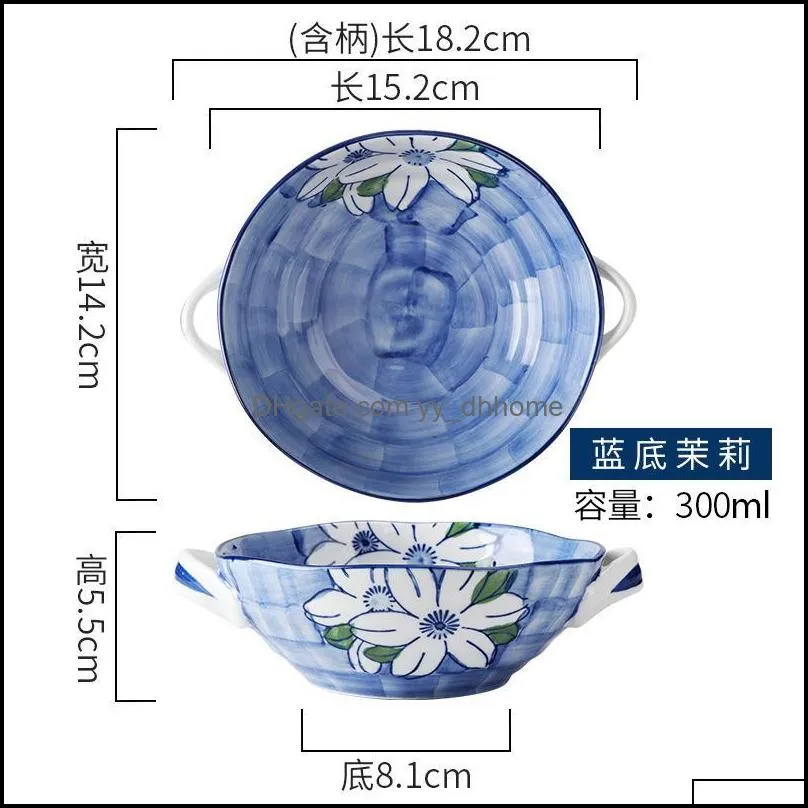 double ear bowl ceramic tableware creative salad chinese glaze porcelain pot dinnerware soup rice bowls 300ml