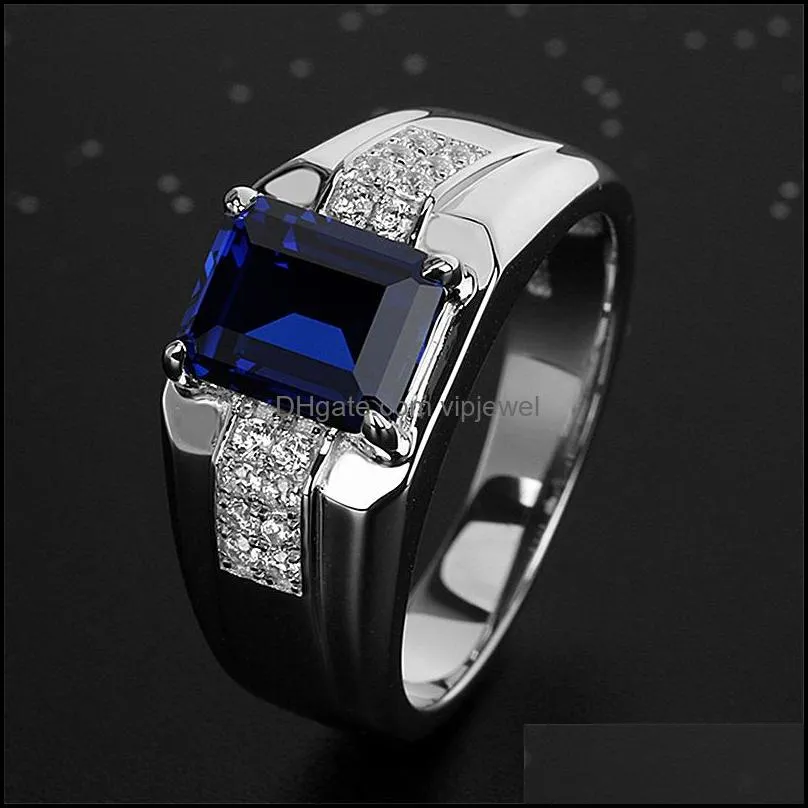 blue zircon silver ring fashion trendy men`s business domineering baguette diamond men ring blue corundum diamond ring