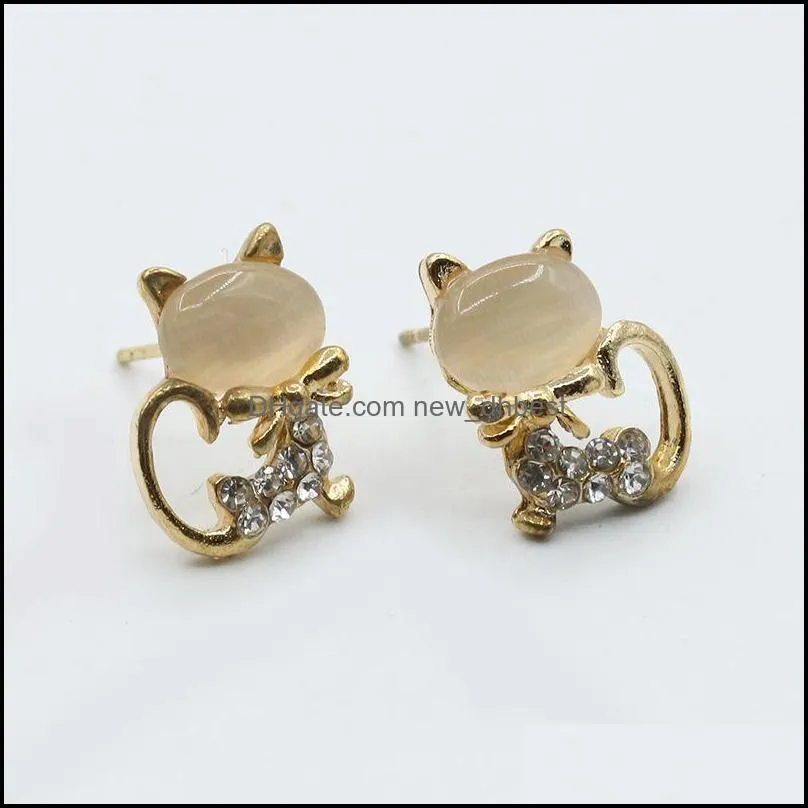 cute earrings pretty 2016 fashion cute kitten temperament rhinestone sweet opal cat bowknot channel stud earrings