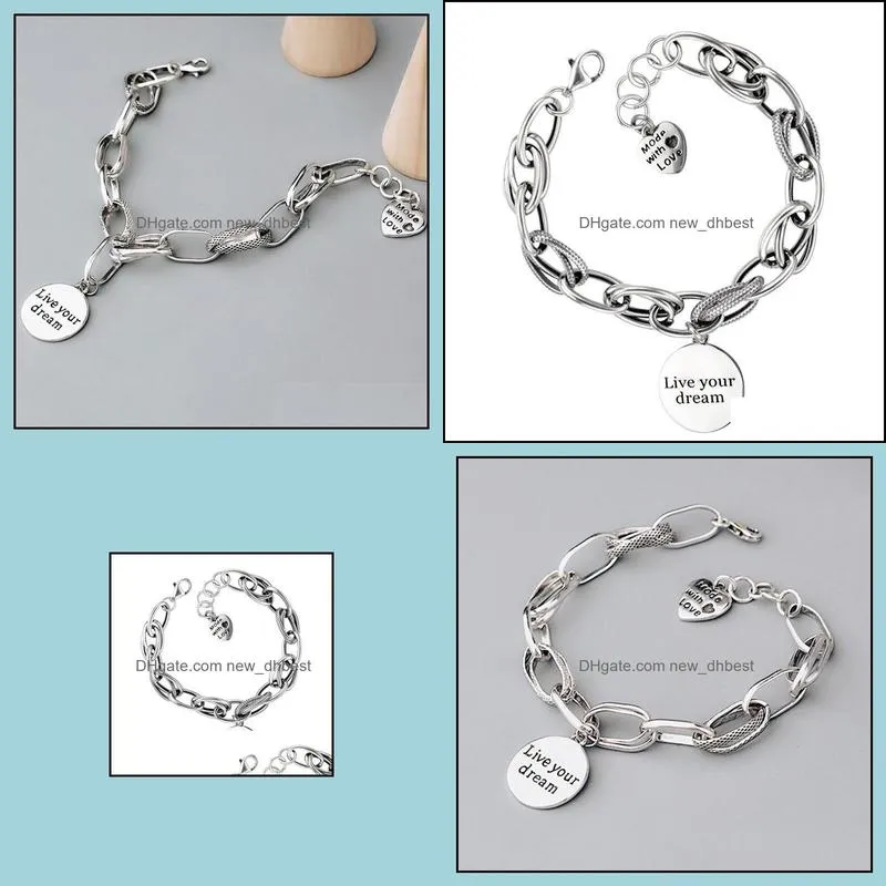 925 sterling silver love heart bracelet retro thai silver thick chain round `live your dream` letter bracelet