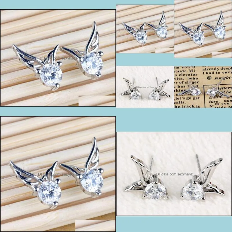 stud earrings wholesale fashion sterling silver zircon angel wing shaped ear studs earrings