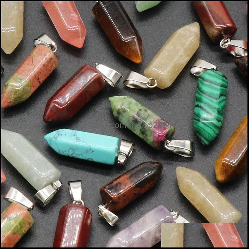 natural stone crystal charms hexagon column pendant necklaces amethyst tiger eye rose quartz wholesale jewelry for women