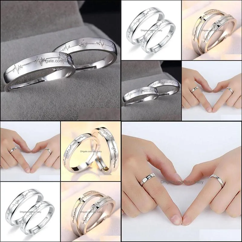 2pcs love heart electrocardiogram couple adjustable rings for lover valentine`day gift silver engagement wedding ring set