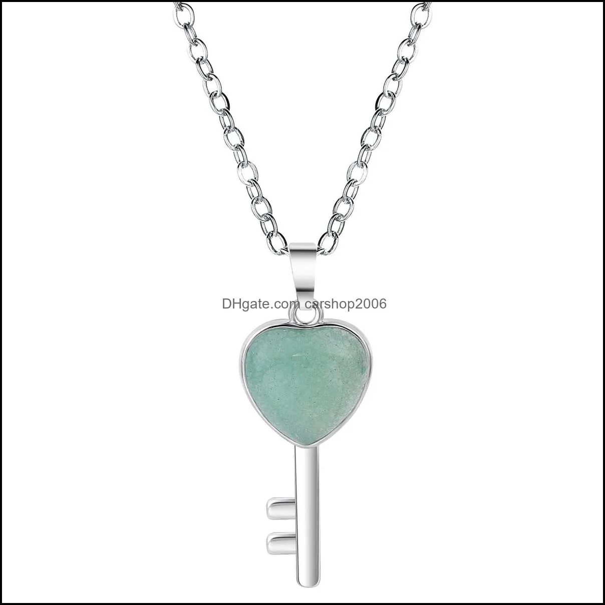 lucky love heart key pendant necklace for women men birthstone healing chakra crystal quartz jewelry 45cm silver chain