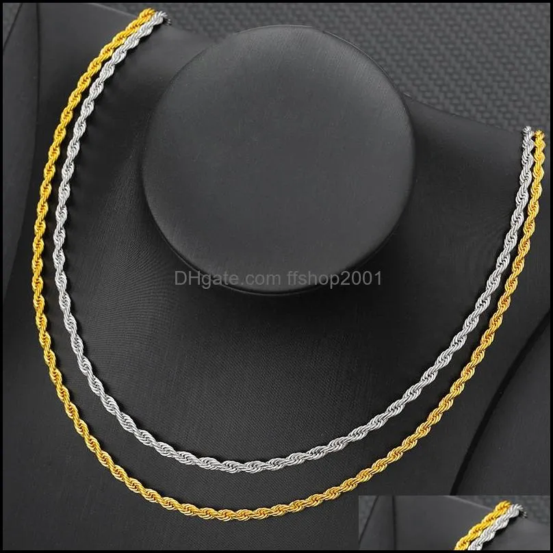 hip hop 18k gold plated stainless steel 3mm twisted rope chain women`s choker necklace for men hiphop jewelry gift