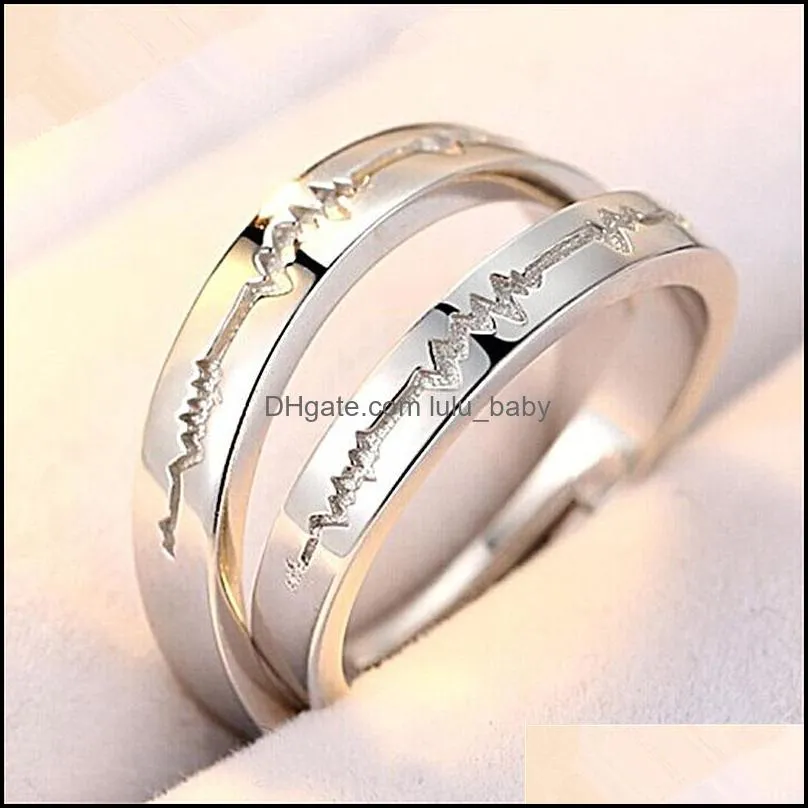 2pcs love heart electrocardiogram couple adjustable rings for lover valentine`day gift silver engagement wedding ring set