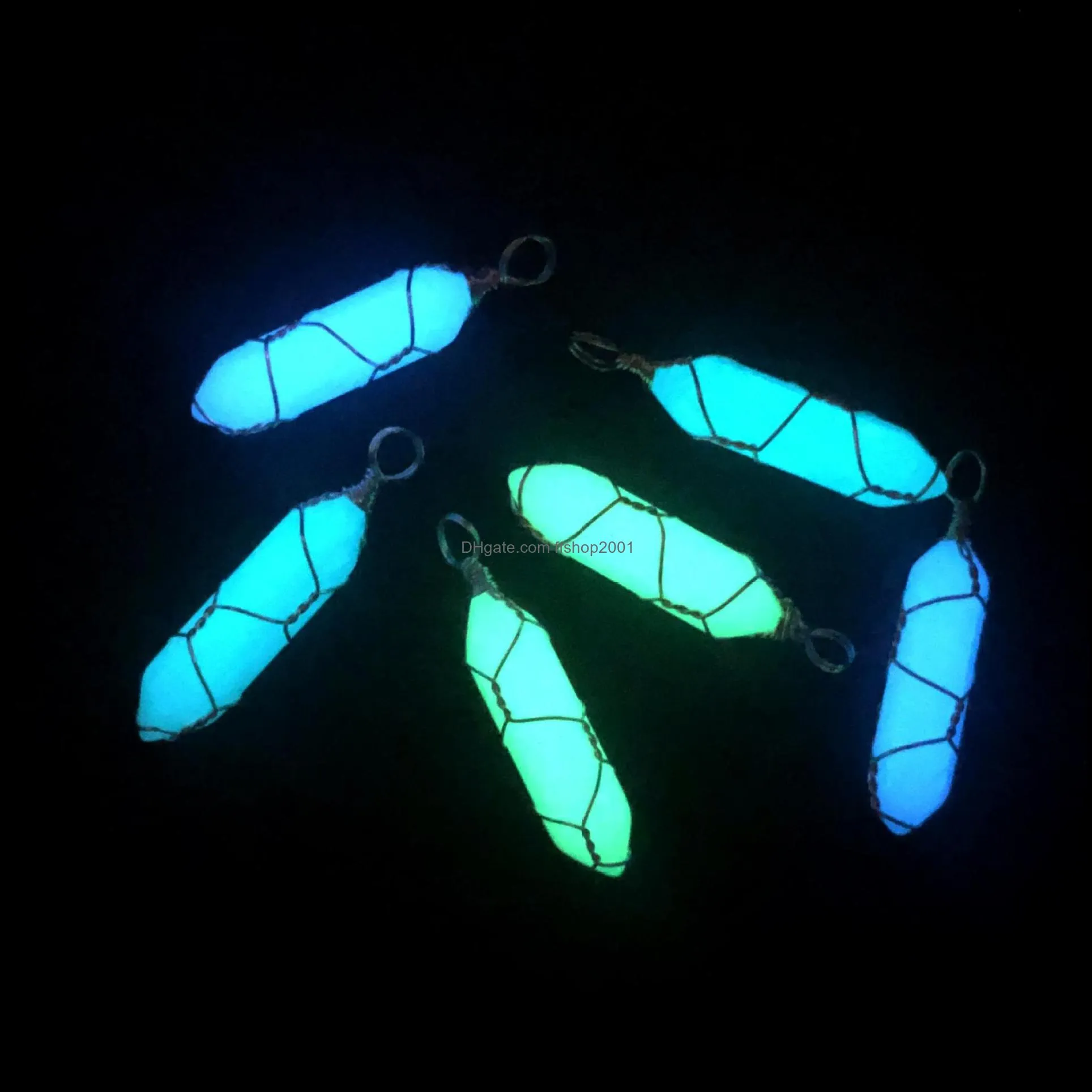 copper wire wrapped hexagon pendulum luminous stone fluorescent pendant healing crystal necklaces jewelry fashion gold silver plated