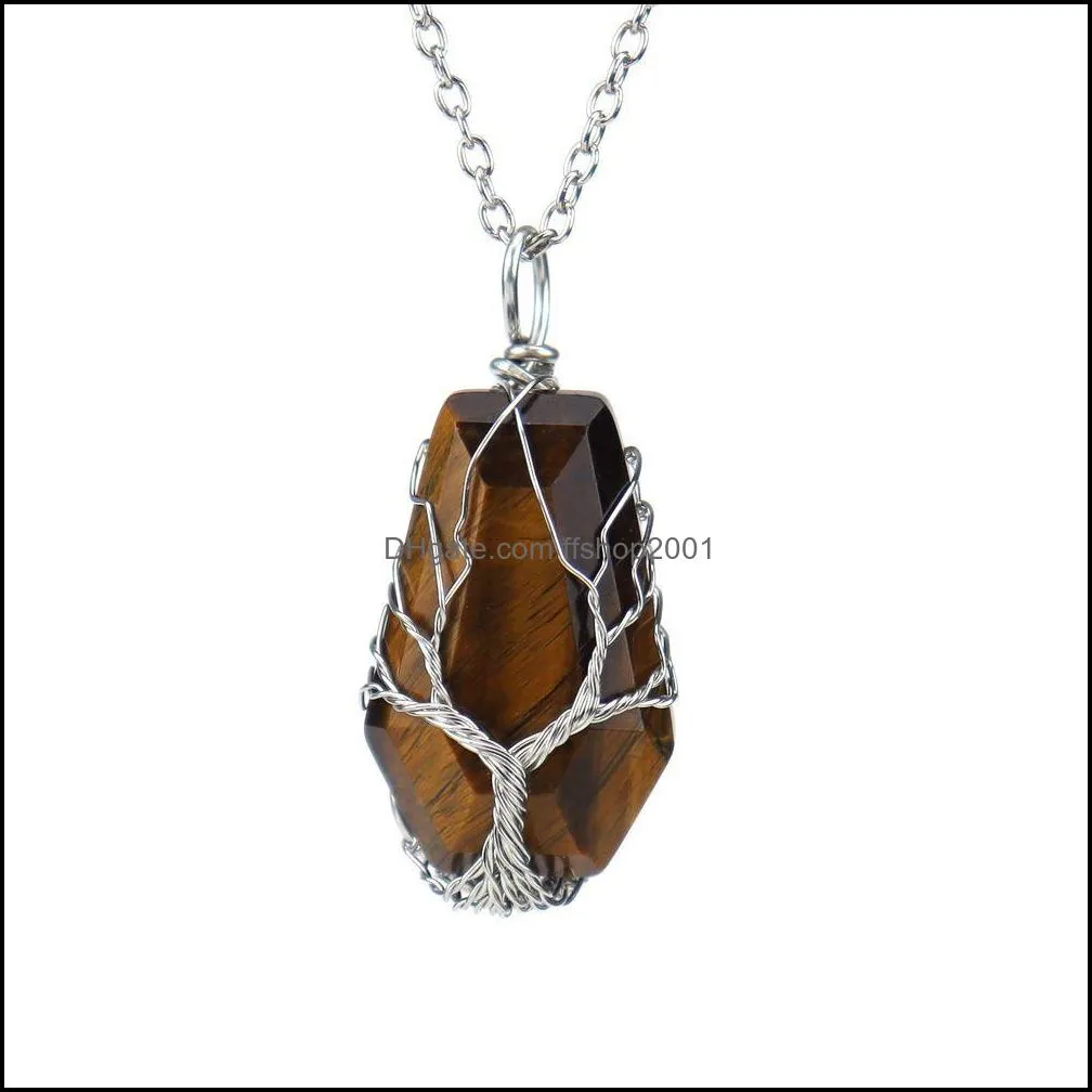 natural stone crystal lucky coffin charms necklaces tree of life wire wrap pendant amethyst tiger eye rose quartz wholesale jewelry for