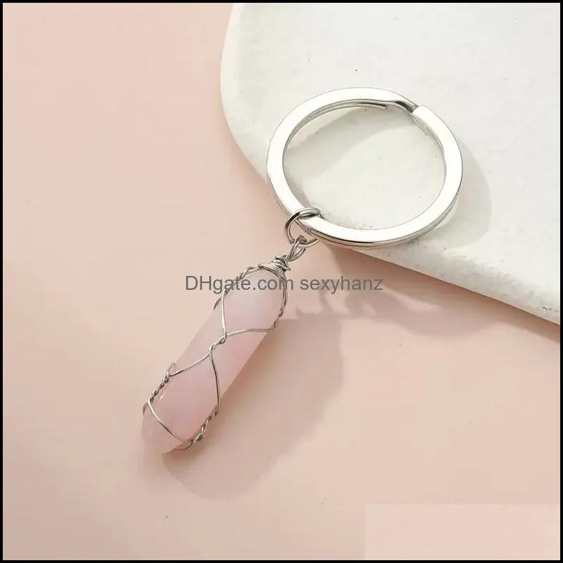 wire wrap natural stone hexagonal prism key rings healing crystal pink crystal car decor keyholder keychains for women men