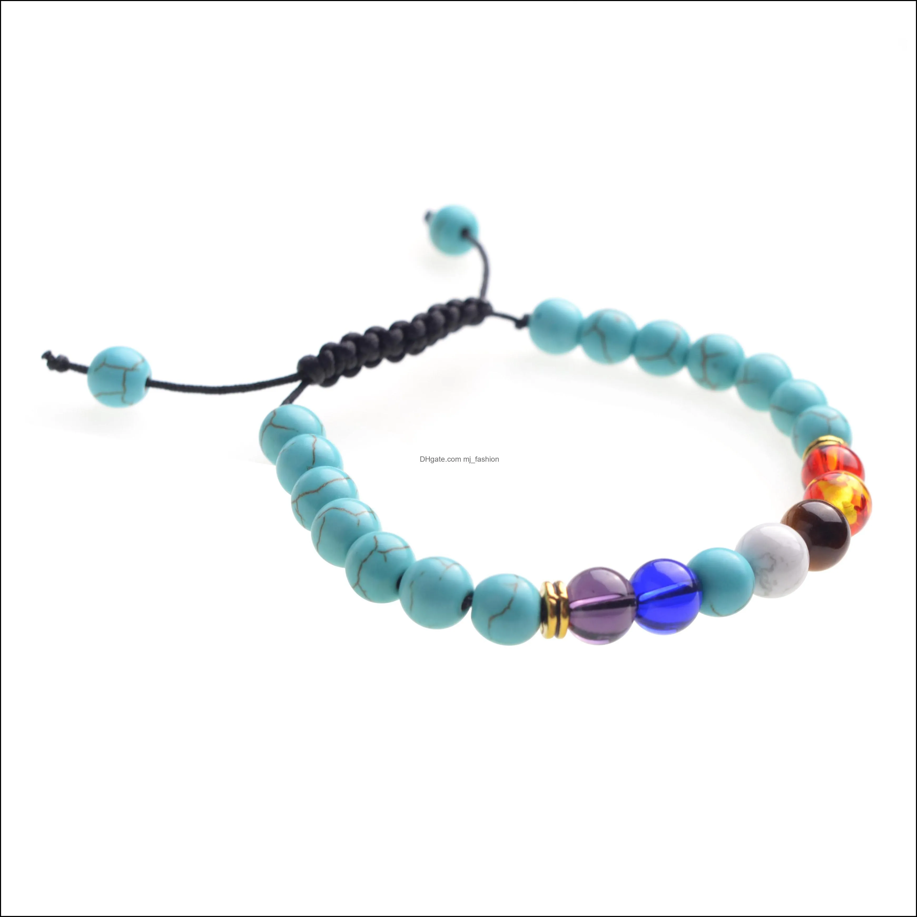 factory sale handmade lucky turquoise woven 7 chakra adjustable natural stone bracelet with 8mm round beads for unisex wholesale