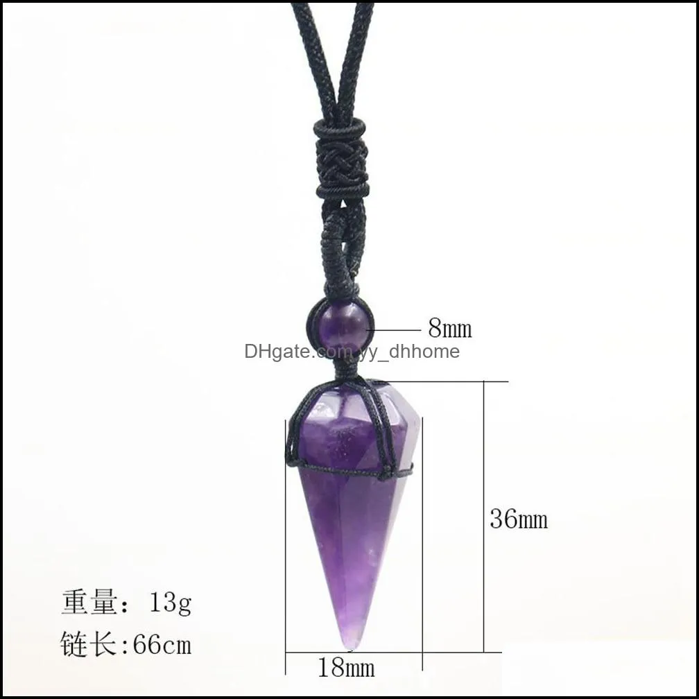 natural stone hexagonal pointed reiki chakra pendants healing quartz crystal dowsing pendulums necklaces cord adjustable