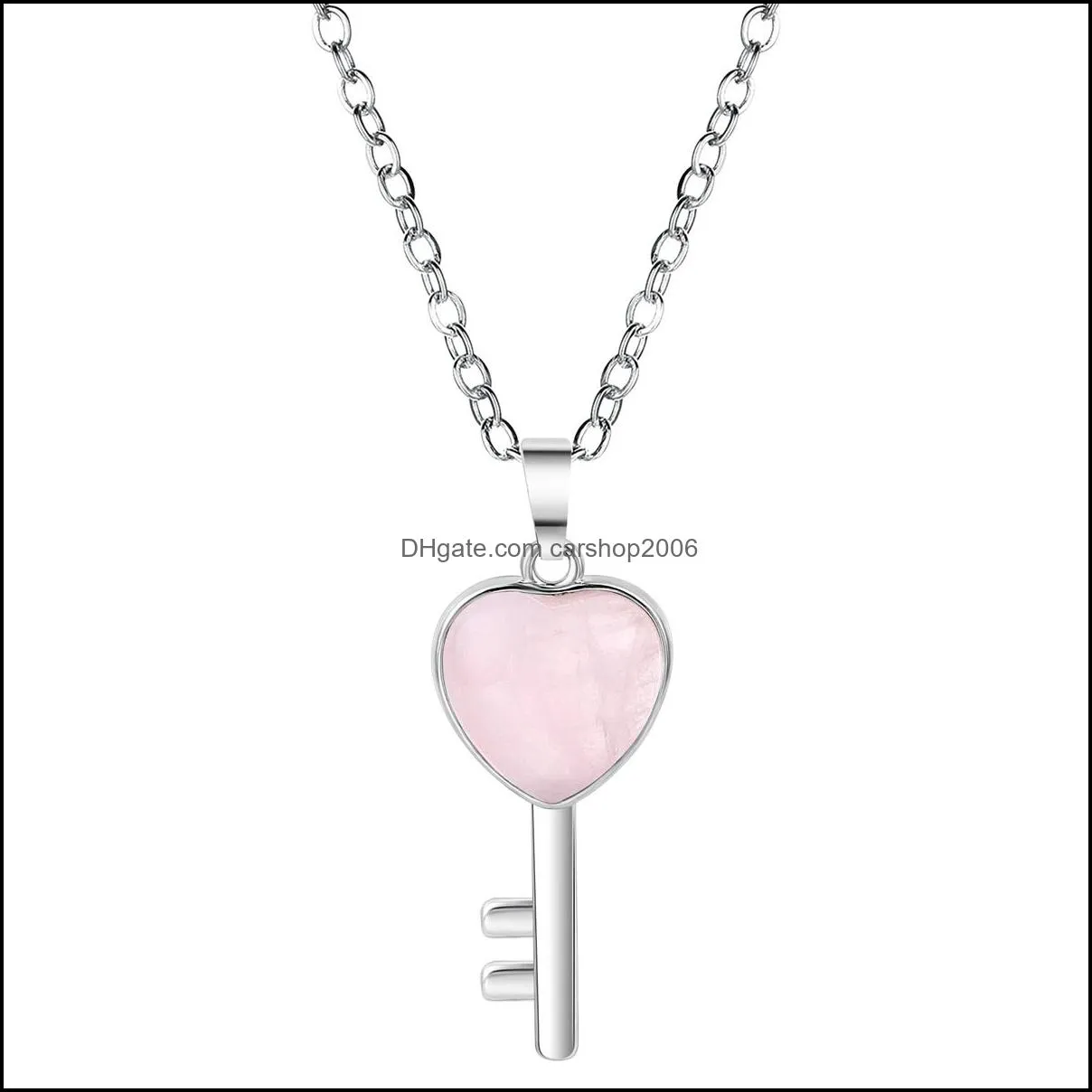 lucky love heart key pendant necklace for women men birthstone healing chakra crystal quartz jewelry 45cm silver chain