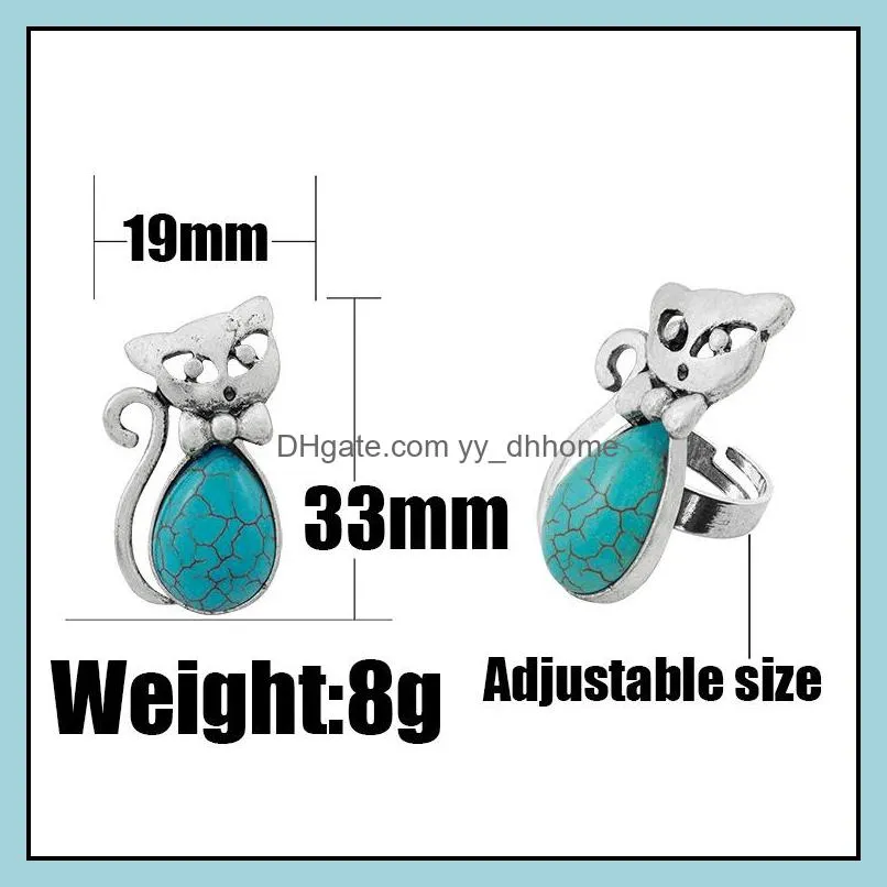 europe and america ring green pine ancient silver retro bow kitten shape turquoise female ring