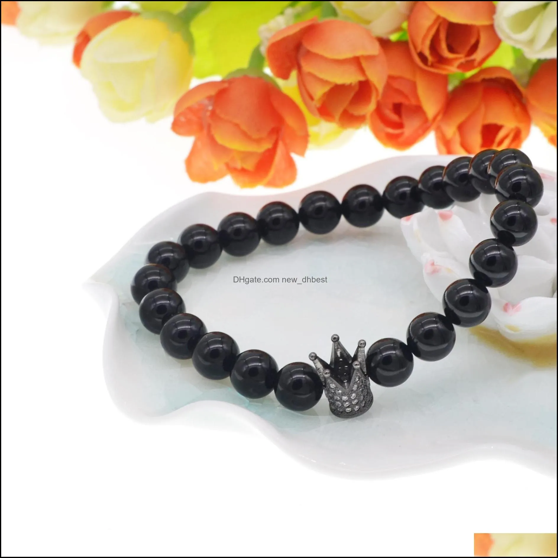 men`s and women`s matte black agate beads gemstone bracelet wrist crown gift bracelet
