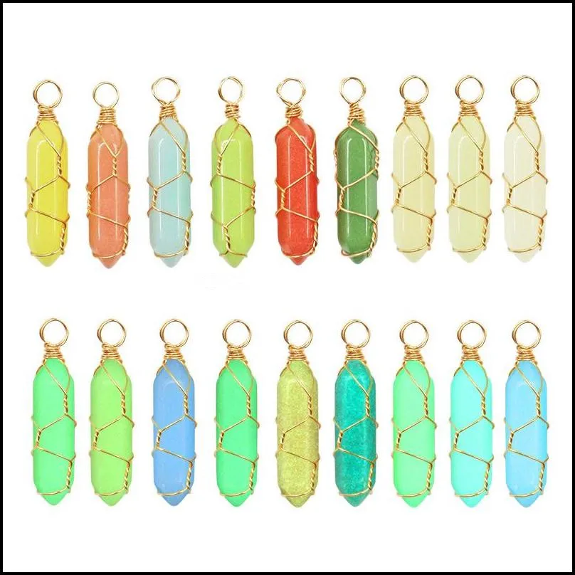 wholesale highlight color luminous stone hexagon charms pendant necklaces trendy silver golden wire wrap pendants collars for women